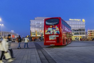 Stuttgart City Tour. Red double-decker for sightseeing tours at Messe Stuttgart. Stuttgart,