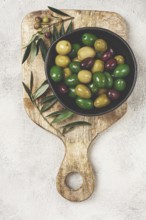 A mixture of olives, varieties of chalkidiki, Verdi giganti and Kalamata, in a bowl, top view, no