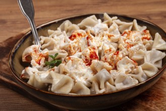 The dish features a generous serving of Turkish dumplings topped with velvety yogurt and a drizzle