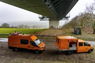 Autobahn GmbH vehicles under the Ruhr Valley Bridge, work in the bridge box, during the closure of