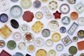 House wall with traditionally painted ceramic plates, Vila do Bispo, Algarve, Portugal