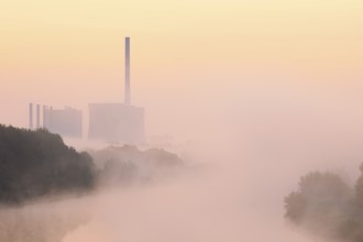 Datteln-Hamm Canal and Gersteinwerk power plant in morning fog at sunrise, Bergkamen, North