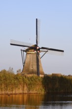 Historic windmill in evening light, UNESCO World Heritage Site, Kinderdijk, South Holland,