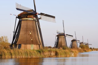 Historic windmills in the evening light, UNESCO World Heritage Site, Kinderdijk, South Holland,