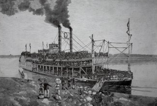 Sunday trip on the Ohio River, overcrowded steamer at the pier, overcrowding, overtourism, America,