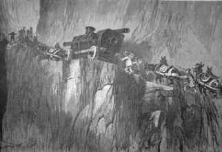 Settlers with carriages on a narrow mountain pass in Colorado, trek, 1880, America, authentic,