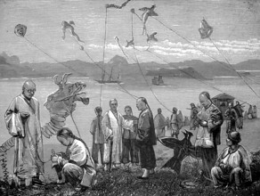 The Kite Festival in China, authentic, digitally restored reproduction from a 19th century model,