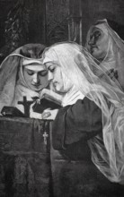 Nuns praying in a monastery, authentic, digitally restored reproduction from a 19th century model,