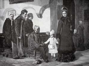 Family going to church, child giving alms to a beggar, charity, Germany, authentic, digitally