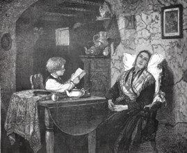 Child reading from a book to the sick mother, at home, at the kitchen table, authentic, digitally