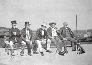 The pensioner's bench, five old men sitting on a bench, Sunday afternoon, watching the surrounding