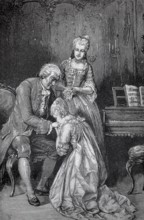 The daughter pays homage to the father and kisses his hand, the mother watches, 1880, France,