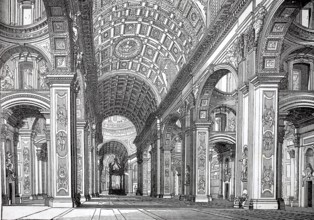Central nave of St. Peter's Church, St. Peter's Basilica in the Vatican, Rome, 1880, Italy,