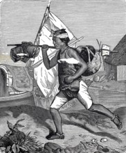 A Japanese postman traveling with letters and parcels, 1880, authentic, digitally restored