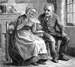 Grandparents, elderly couple sitting at the kitchen table, she reads from the newspaper, he smokes