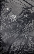 Battle of a group of pirates on a ship, they have already boarded the ship and the captain shoots a