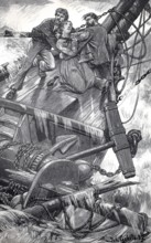 In distress at sea, ship is sinking, the sailors cling to the sailing mast, authentic, digitally