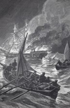 A burning merchant ship at sea, the crew took the lifeboats to safety, 1880, authentic, digitally