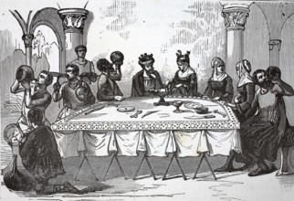 A meal of distinguished people in the Middle Ages, authentic, digitally restored reproduction from