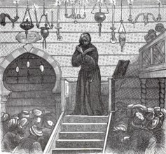 A praying imam in the mosque, authentic, digitally restored reproduction from a 19th-century model,