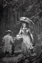 Woman carrying a basket on her head, is distracted by a painter and dazzling with it hanging from a