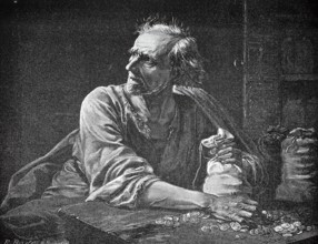 Old miser, man with bags full of money and coins on the table, authentic, digitally restored