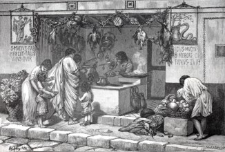 A shop in ancient Rome, Italy, authentic, digitally restored reproduction from a 19th century