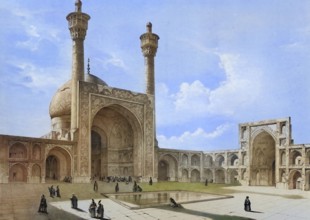 Courtyard, Great Mosque in Isfahan, Iran, authentic, digitally restored reproduction from a 19th
