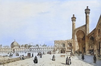 Entrance to the great mosque in Isfahan, Iran, authentic, digitally restored reproduction from a