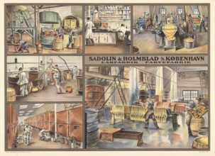 Manufacture of paints and varnishes, company Sadolin in Copenhagen, 1930, Denmark, illustration,