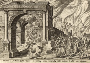 From The Disasters of The Jewish People: Lot and his family leaving the burning Sodom, found in
