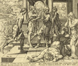 Biblical story of Job, a central scene from the biblical book of Job, in which messengers tell the