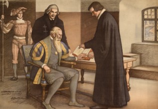 The painting shows a historical scene of the Finnish-Swedish Reformation. It depicts the Swedish