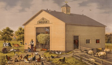 Farm, barn, many farm animals such as chickens, geese, cows, horses, around 1920, illustration,