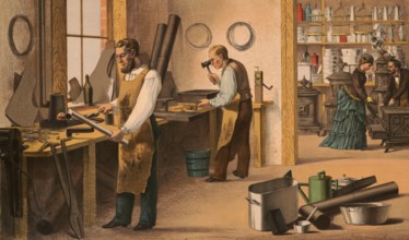 Tinsmith, plumber, plumber or bottle maker, traditional craft, around 1920, illustration,