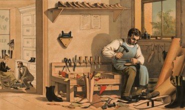 Traditional craft, Schumacher at work in his workshop, shoemaker, around 1920, illustration,