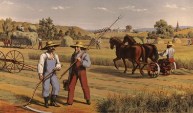 Farmers harvesting hay, around 1920, illustration, reproduction from a model from the 19th century.
