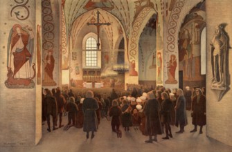 Religion, Catholic pilgrims in a pilgrimage church in Finland, around 1550, illustration,