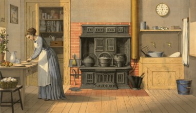 Woman in the kitchen preparing food, around 1920, illustration, reproduction from a 19th-century