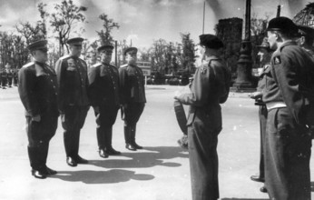Shukov meets Montgomery at Brandenburg Gate, Berlin, Germany, June 1945
