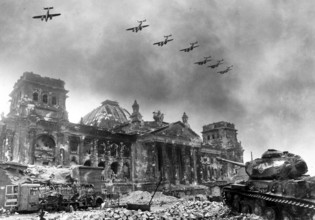 Soviet aircraft over the Berlin Reichstag, Mitte, Berlin in April 1945. J. Chaldej used two