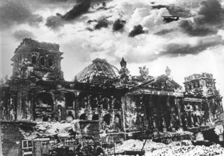 The Reichstag after Allied bombing, end of April 1945 Berlin, Germany Immediately after the end of