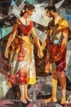 Cubist view of a couple hand in hand, Painting like composition, AI generated