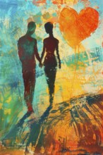 Couple walking hand in hand in a love silhouette, Painting like composition, AI generated