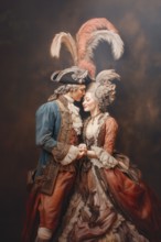 Couple dressed in French style gown in a romantic embrace, Painting like composition, AI generated