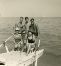 Historical photo summer 1961, tourists, beach, Rimini, Italy