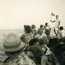 Historical photo summer 1961, tourists, beach, Rimini, Italy