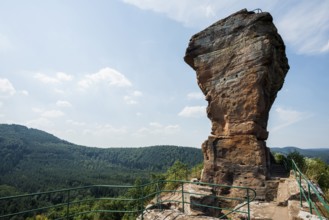 Drachenfels sandstone cliffs and castle ruins, Dahner Felsenland, Palatinate Forest,