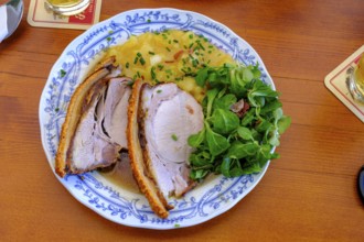 Roast pork with potato salad, Erlebnisgaststätte Erlensee, near Schechen, Upper Bavaria, Bavaria,