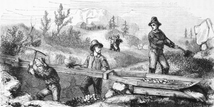 Gold seekers mining, USA, hilly landscape, mineral resources, precious metal, tools, hoe and